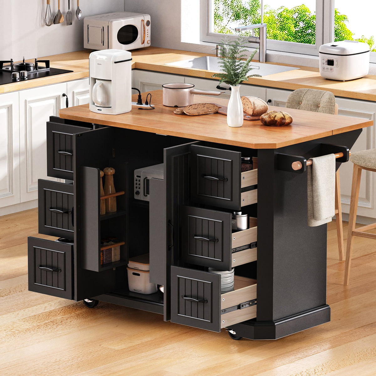 K&K 56 inch Kitchen Island with Rubber Wood Veneer Drop Leaf, Power Outlet, 4 Door Shelves, Embossed Vertical Stripe Rolling Kitchen Cart on 4 Wheels with 6 Deep Drawers for Kitchen, Dining Room,Black