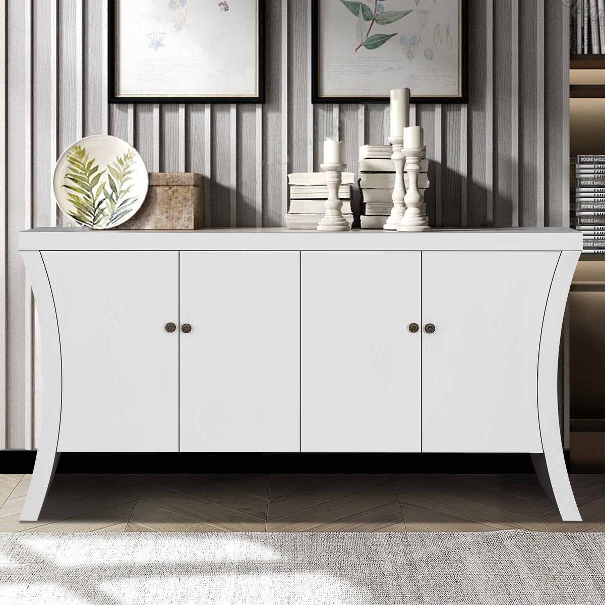 Refined Industrial 4-Door Credenza with Wooden Arc Legs & Bronze Clasps – Advanced Storage Design, Solid Craftsmanship, White