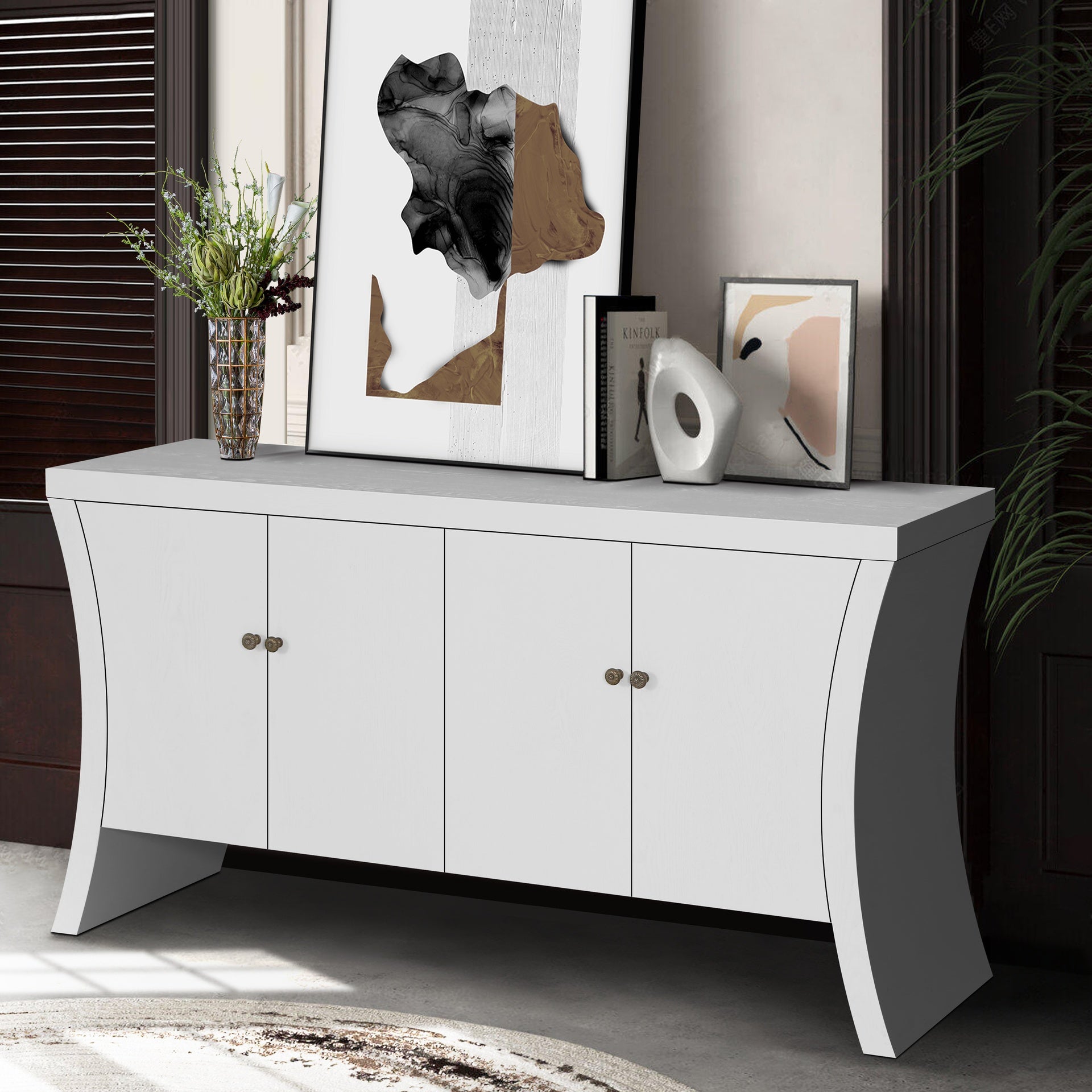 Refined Industrial 4-Door Credenza with Wooden Arc Legs & Bronze Clasps – Advanced Storage Design, Solid Craftsmanship, White