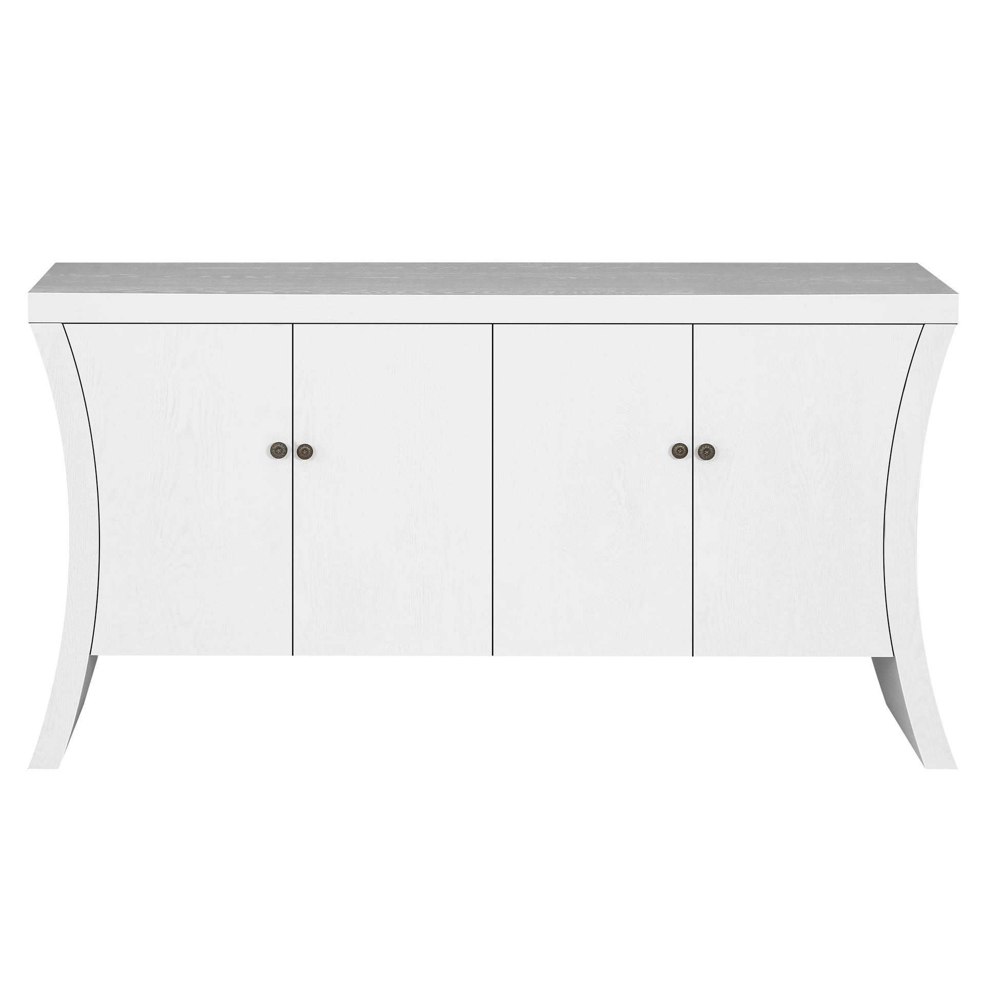 Refined Industrial 4-Door Credenza with Wooden Arc Legs & Bronze Clasps – Advanced Storage Design, Solid Craftsmanship, White