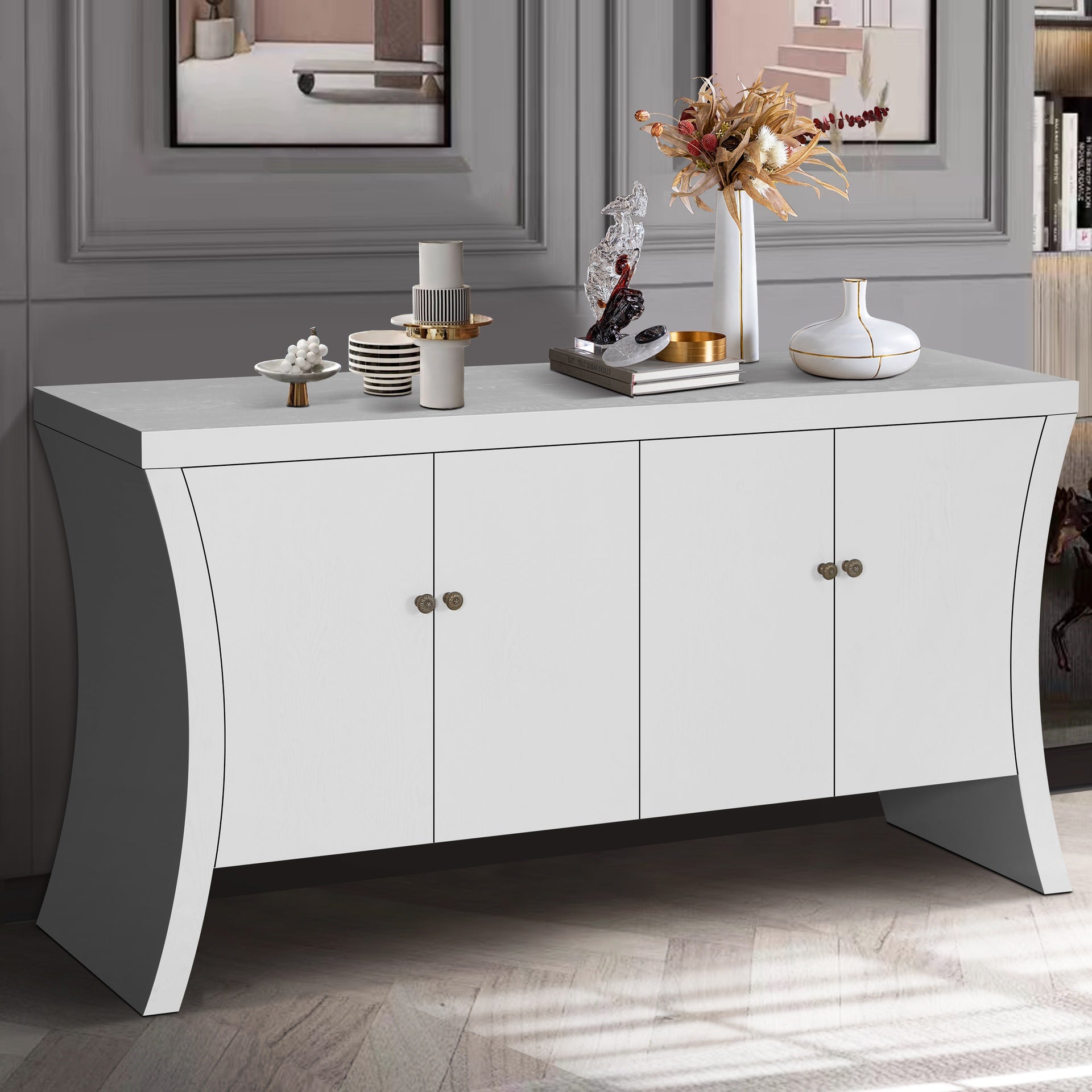 Refined Industrial 4-Door Credenza with Wooden Arc Legs & Bronze Clasps – Advanced Storage Design, Solid Craftsmanship, White