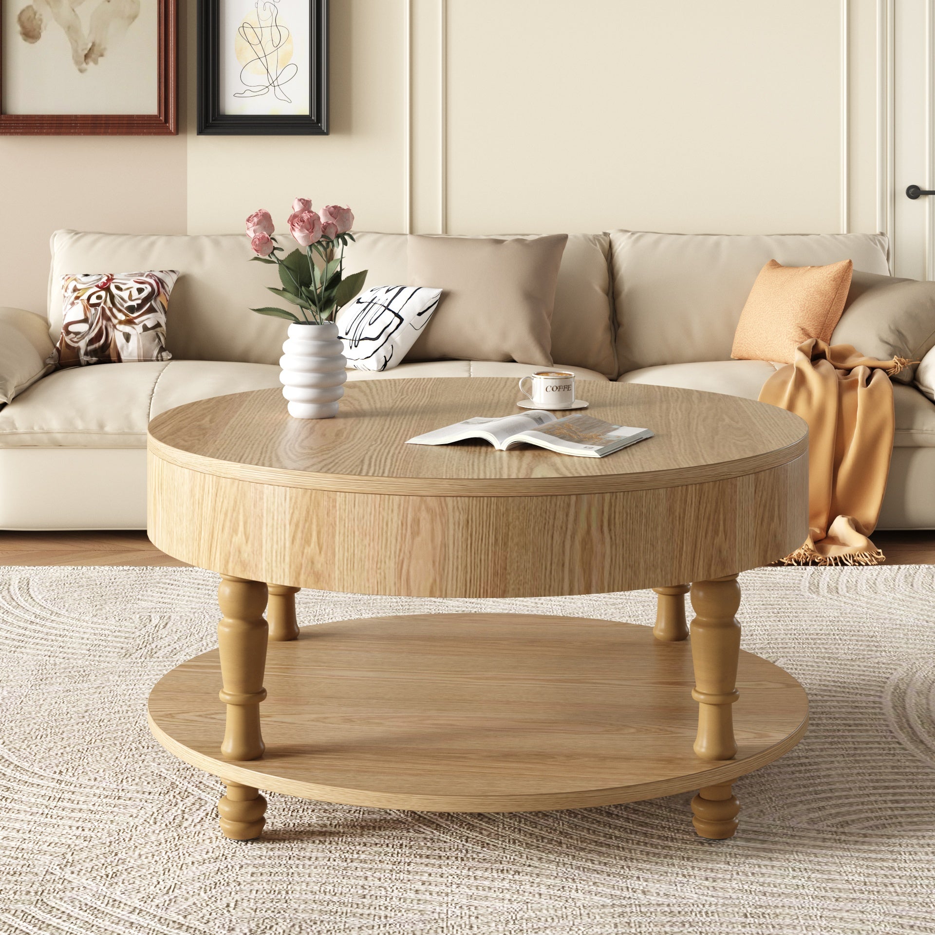 Coffee Table with Dual Storage for Living Room, 31.5" Modern Round Coffee Table with Storage and Hidden Compartment, Adjustable Leveling Feet, Easy Assembly(Natrual Wood)