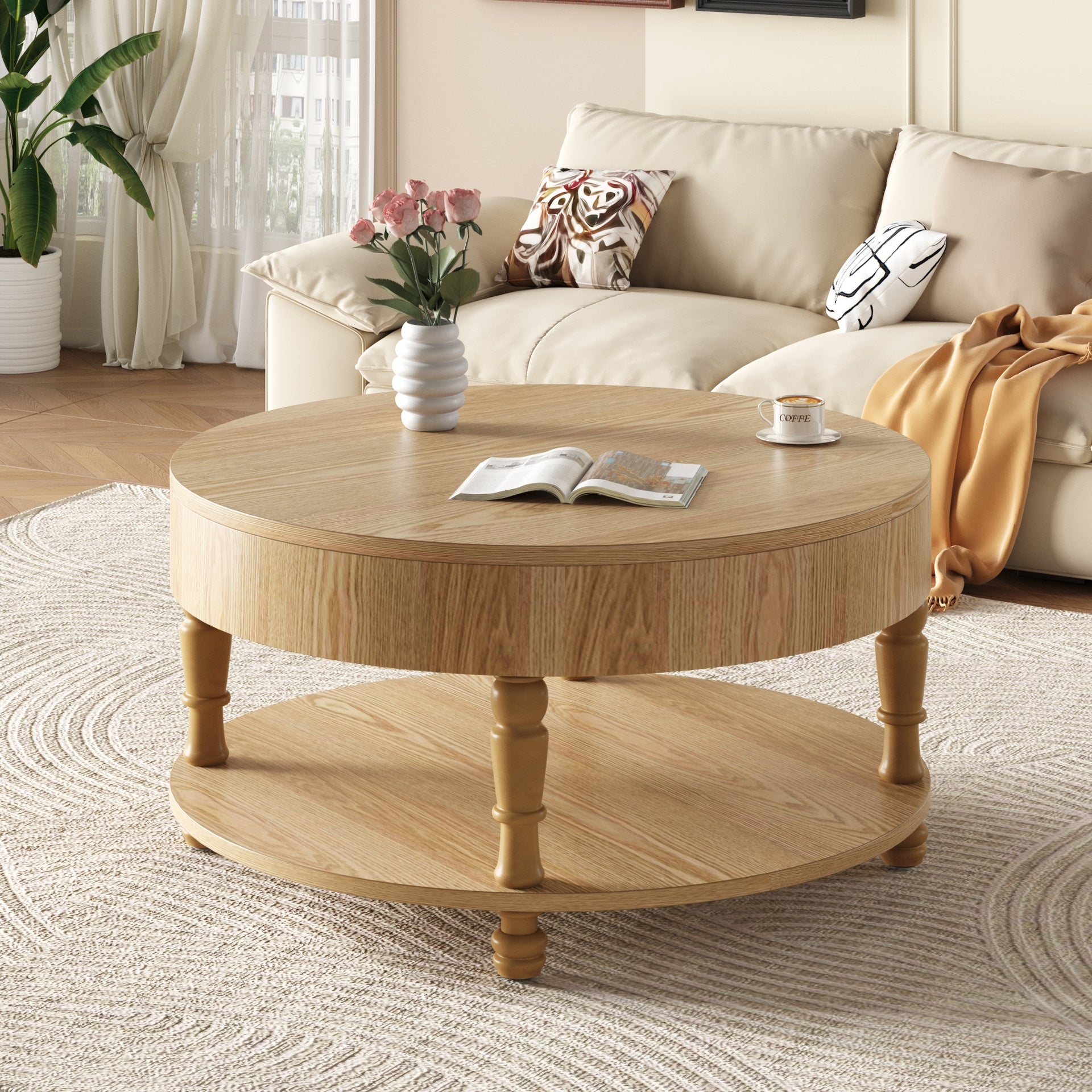 Coffee Table with Dual Storage for Living Room, 31.5" Modern Round Coffee Table with Storage and Hidden Compartment, Adjustable Leveling Feet, Easy Assembly(Natrual Wood)