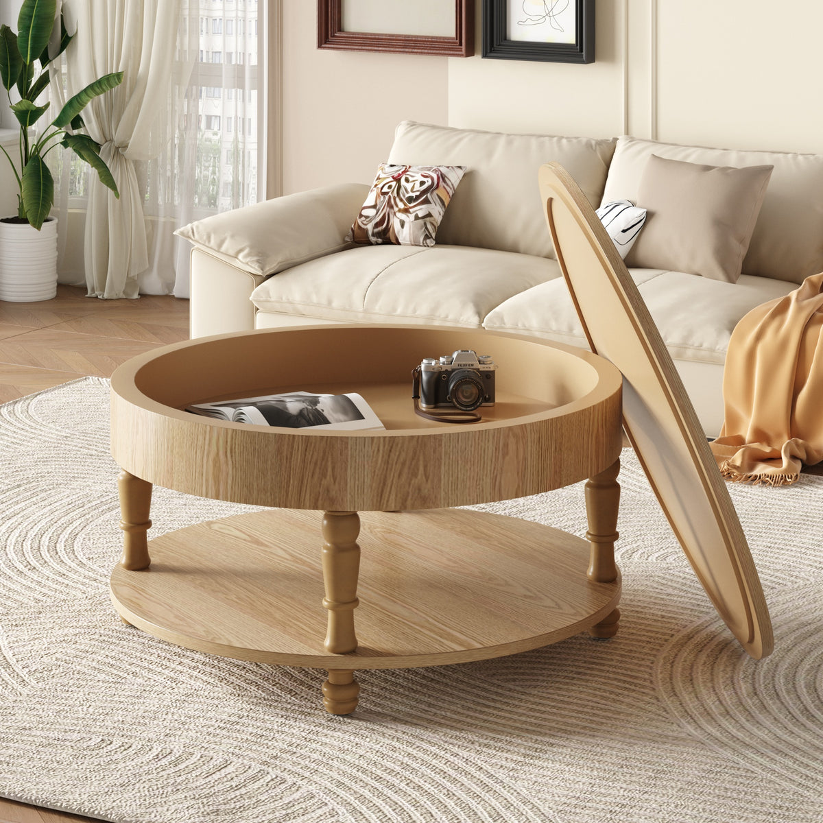 Coffee Table with Dual Storage for Living Room, 31.5" Modern Round Coffee Table with Storage and Hidden Compartment, Adjustable Leveling Feet, Easy Assembly(Natrual Wood)