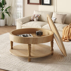 Coffee Table with Dual Storage for Living Room, 31.5" Modern Round Coffee Table with Storage and Hidden Compartment, Adjustable Leveling Feet, Easy Assembly(Natrual Wood)