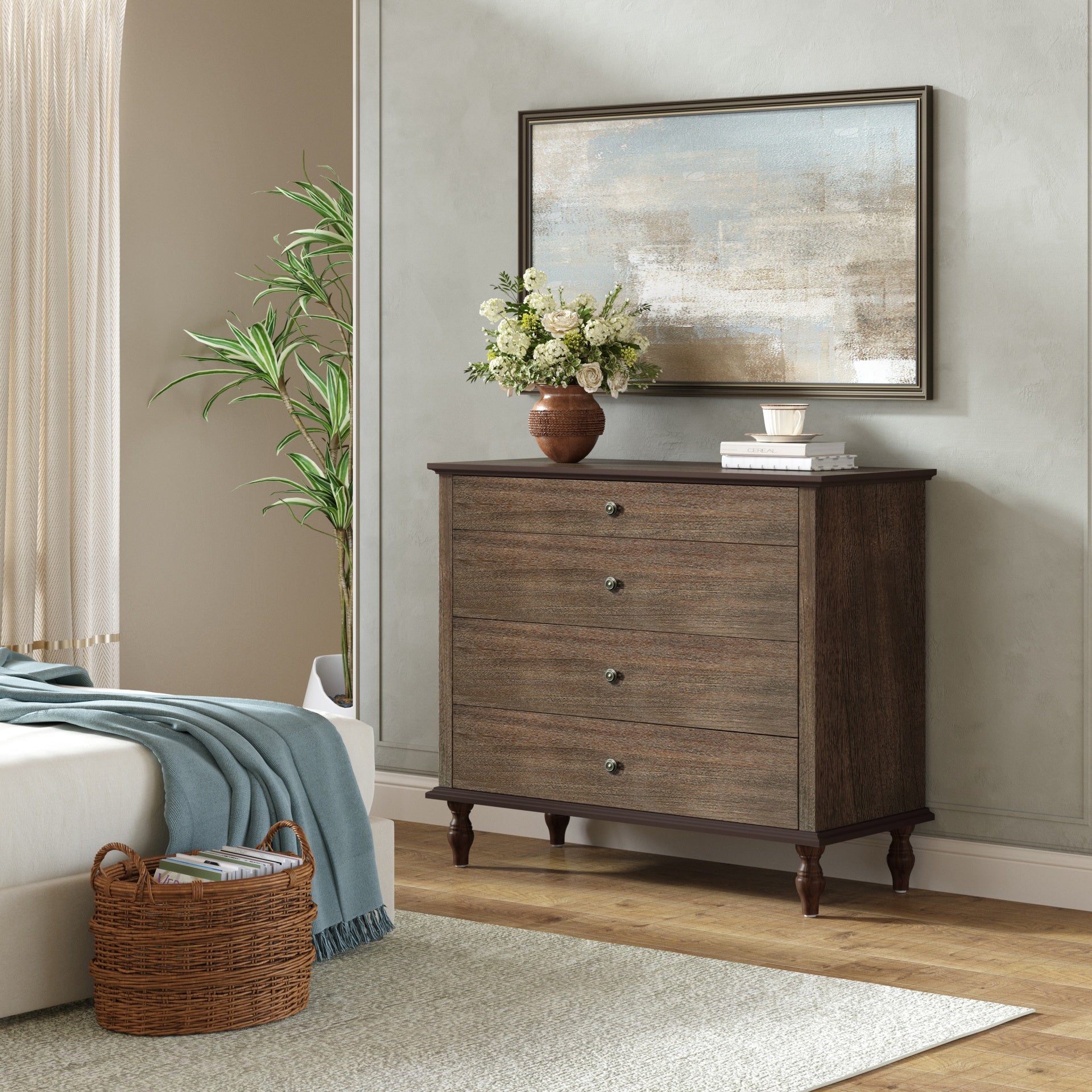Large 4-Drawer Chest with Solid Wood Foot, Dresser with Brushed Deep Brown Finish & Metal Drawer Knobs, Antique Design for Bedroom & Nursery