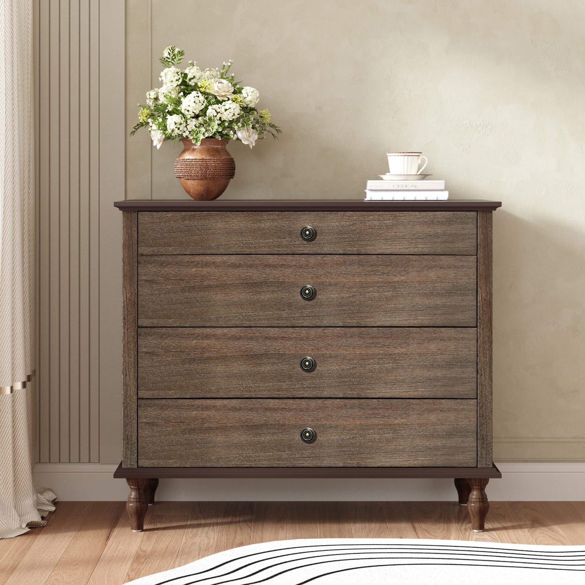 Large 4-Drawer Chest with Solid Wood Foot, Dresser with Brushed Deep Brown Finish & Metal Drawer Knobs, Antique Design for Bedroom & Nursery