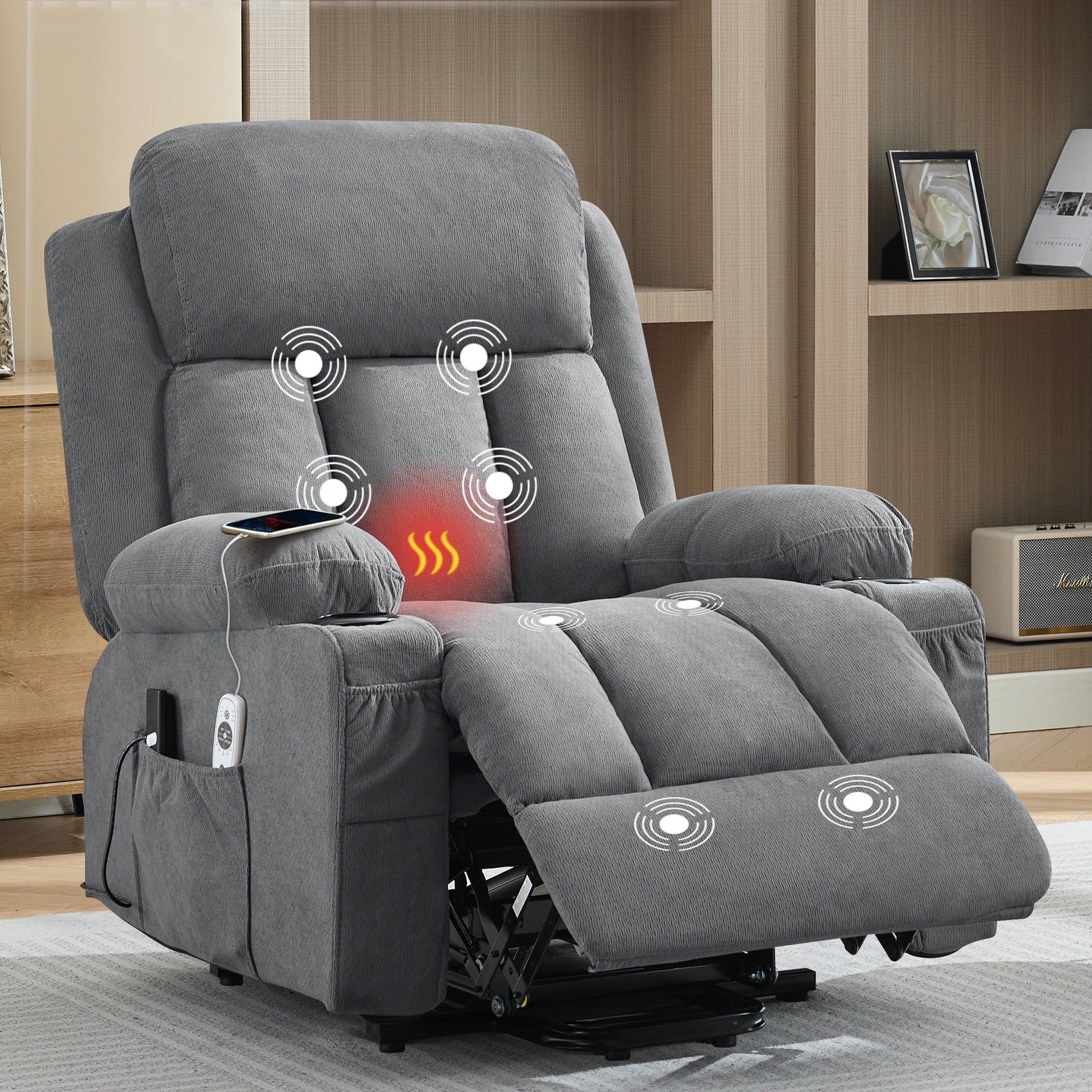 Power Lift Recliner Chair with Heat and Massage Electric Fabric Recliner Chair for Elderly with Side Pocket, USB Charge Port, Remote Control for Living Room