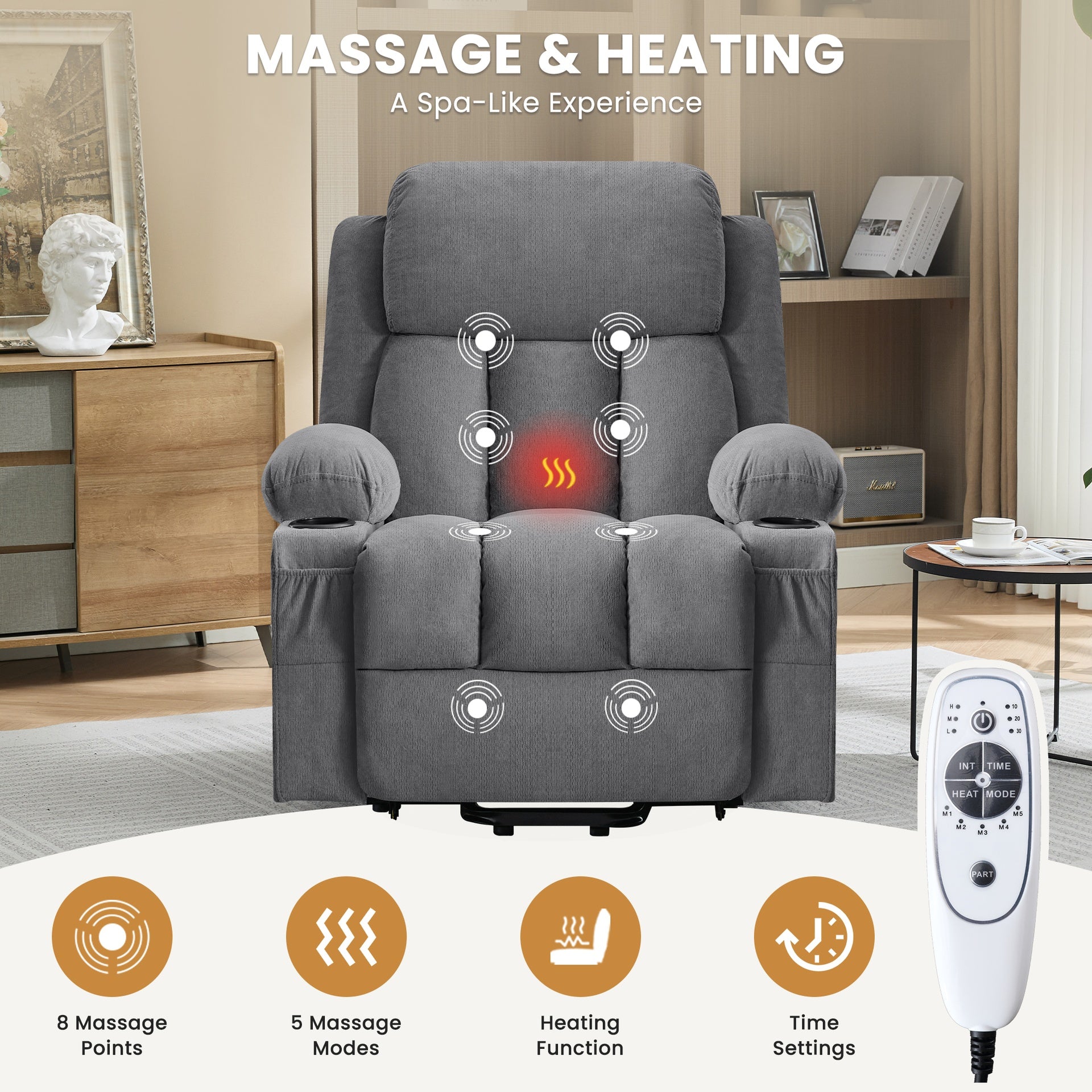 Power Lift Recliner Chair with Heat and Massage Electric Fabric Recliner Chair for Elderly with Side Pocket, USB Charge Port, Remote Control for Living Room