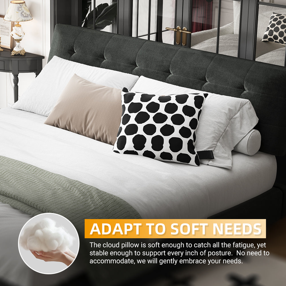 King Size Bed Frame,Tufted Headboard with Extra-Large Ultra-Soft Cloud Pillow Design,Chenille Platform Bed with Metal and Wooden Slats Double Support,Solid and Stable,Noise-Free,Black