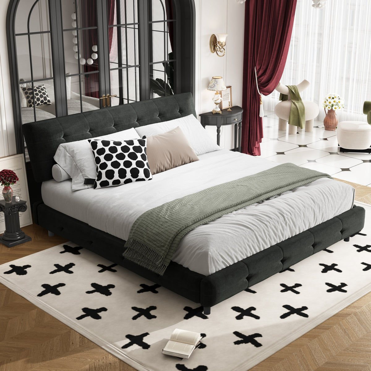 King Size Bed Frame,Tufted Headboard with Extra-Large Ultra-Soft Cloud Pillow Design,Chenille Platform Bed with Metal and Wooden Slats Double Support,Solid and Stable,Noise-Free,Black