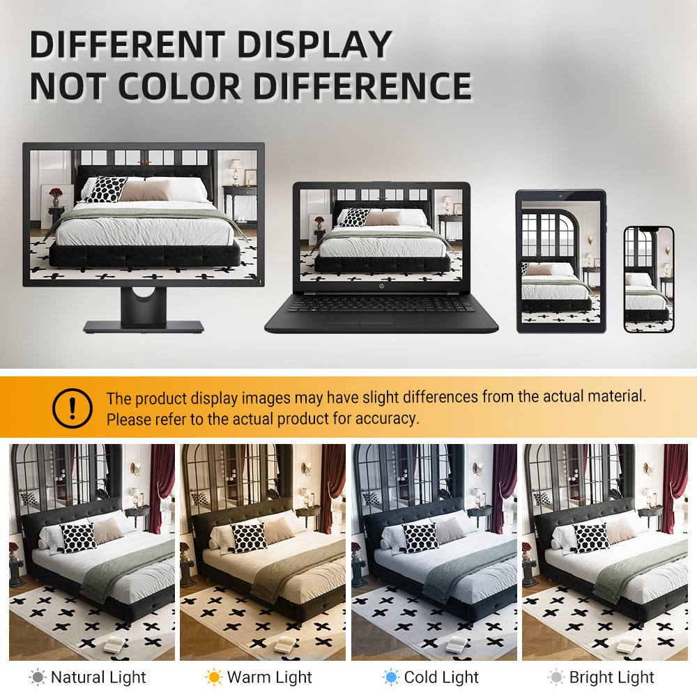 King Size Bed Frame,Tufted Headboard with Extra-Large Ultra-Soft Cloud Pillow Design,Chenille Platform Bed with Metal and Wooden Slats Double Support,Solid and Stable,Noise-Free,Black