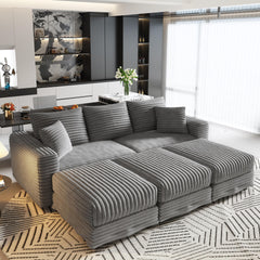 82.7 "Plush Corduroy 3-Seat Sofa,Modern Comfy Upholstered Sofa Cloud Couch,Deep Seat Couches with Soft Pillows and 3 Ottomans,Convertible Sofa Lounge Chair,Grey(Old SKU:W1885S00157)