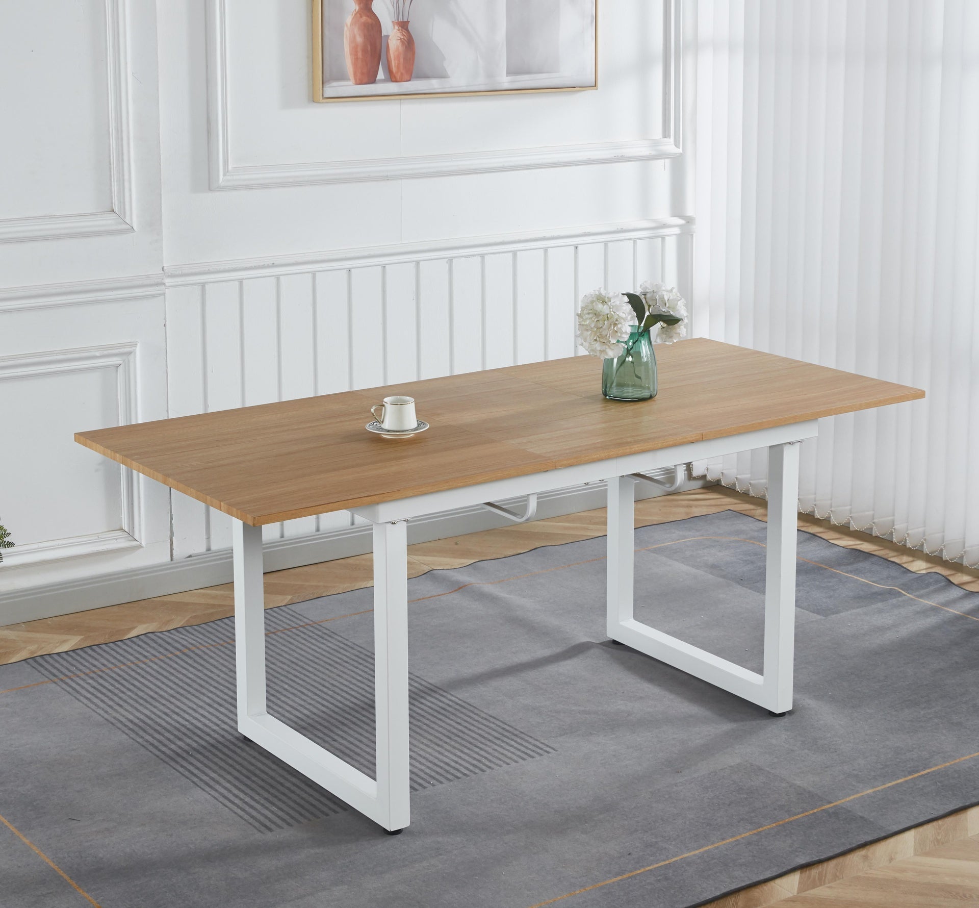 oak color,Square Extendable Dining Table with metal leg,Modern Space Saving Kitchen Table for Living Room(55.11''/ 70.86" L x 31.5" W x 29.5" H)