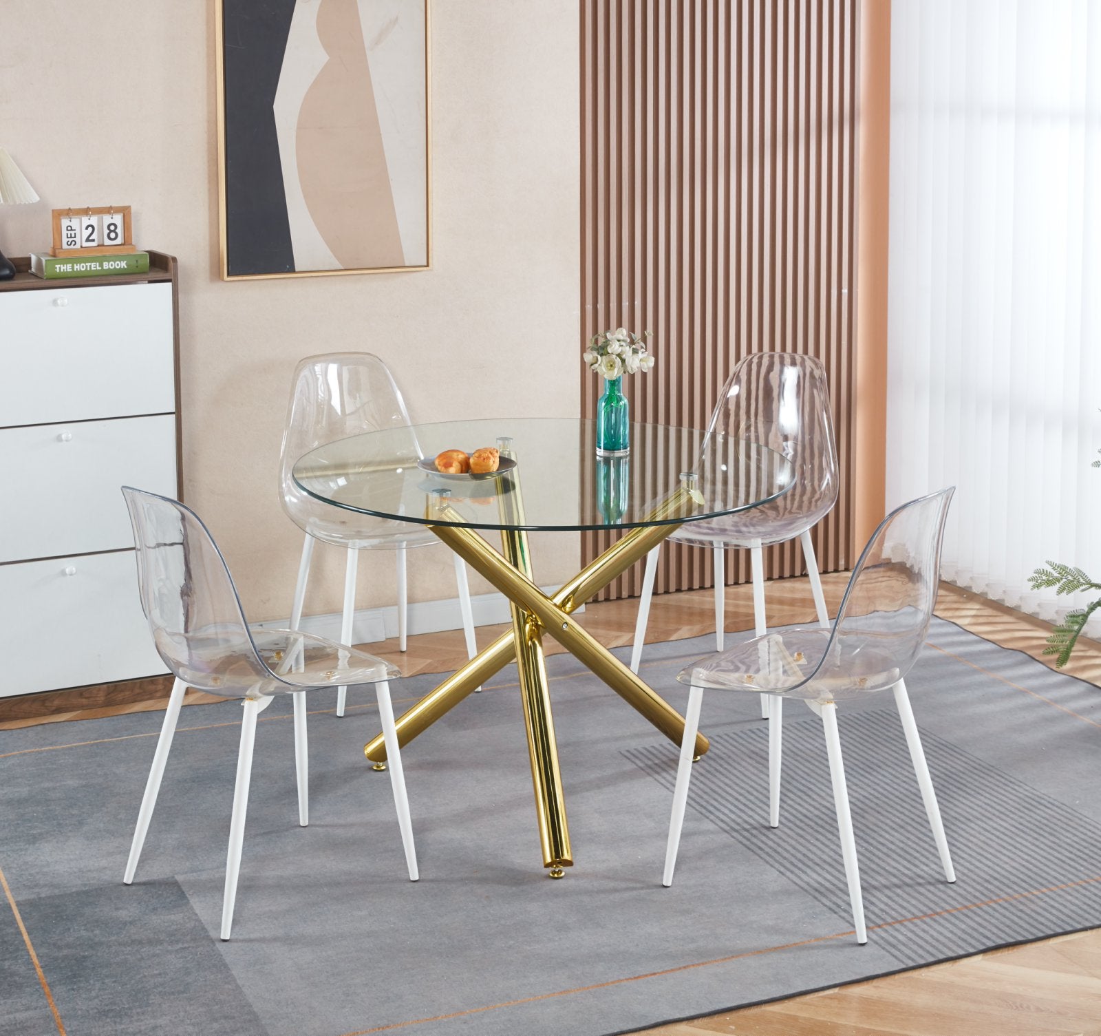 Golden Dining Table with metal leg and glass,Modern Space Saving Kitchen Table for Living Room,110X110X75CM