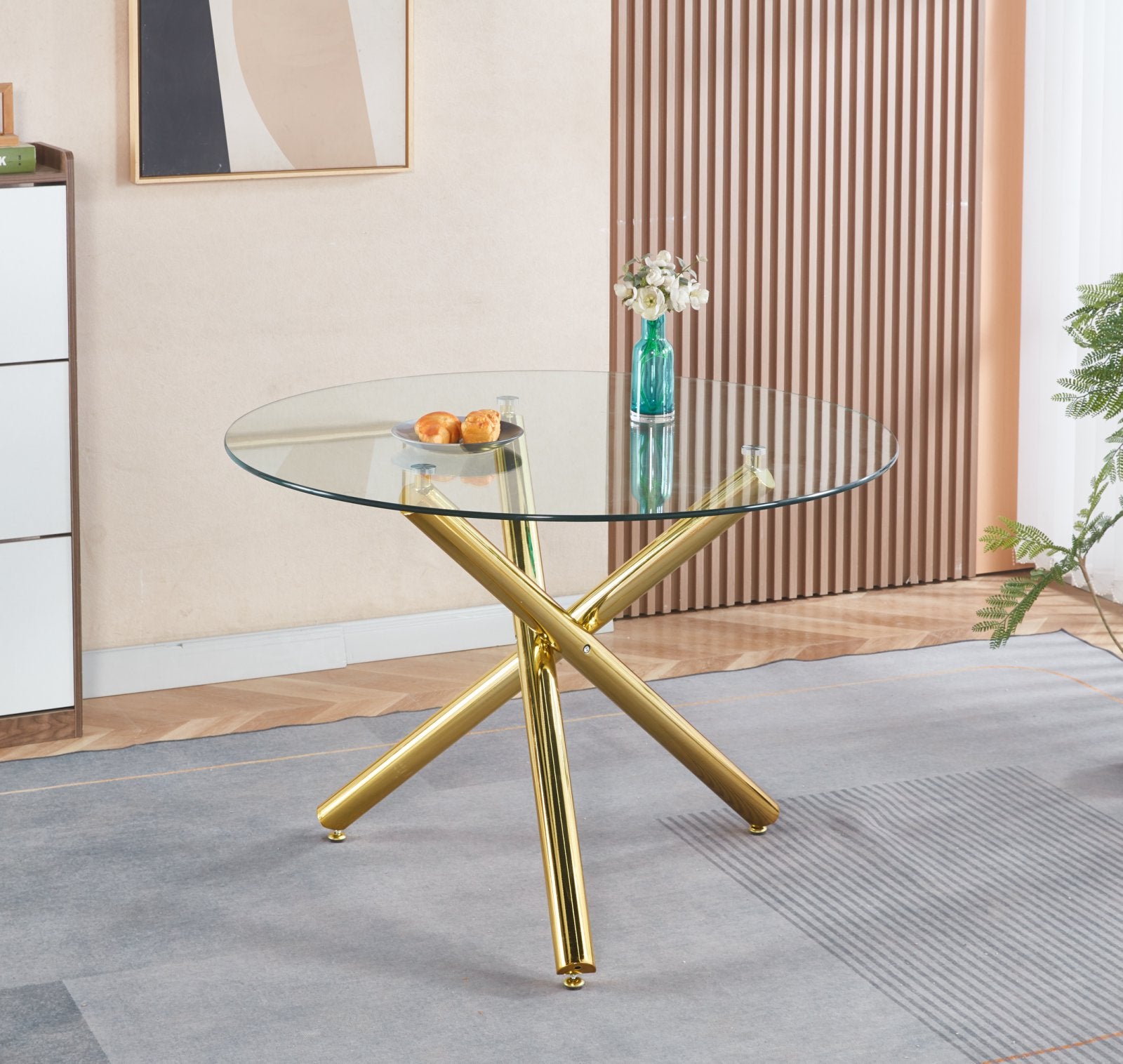 Golden Dining Table with metal leg and glass,Modern Space Saving Kitchen Table for Living Room,110X110X75CM