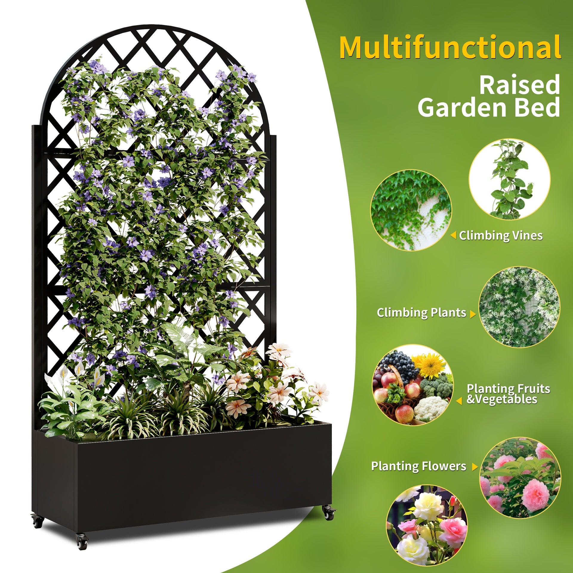 Round Metal Planter Box with Trellis, 73"x35"x16 Metal Raised Garden Bed with Trellis, Metal Planter Box with Drainage Holes & Lockable Wheels & Privacy Screen for Climbing Plants, Vegetables, Vines