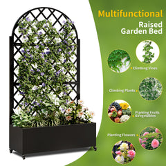 Round Metal Planter Box with Trellis, 73"x35"x16 Metal Raised Garden Bed with Trellis, Metal Planter Box with Drainage Holes & Lockable Wheels & Privacy Screen for Climbing Plants, Vegetables, Vines