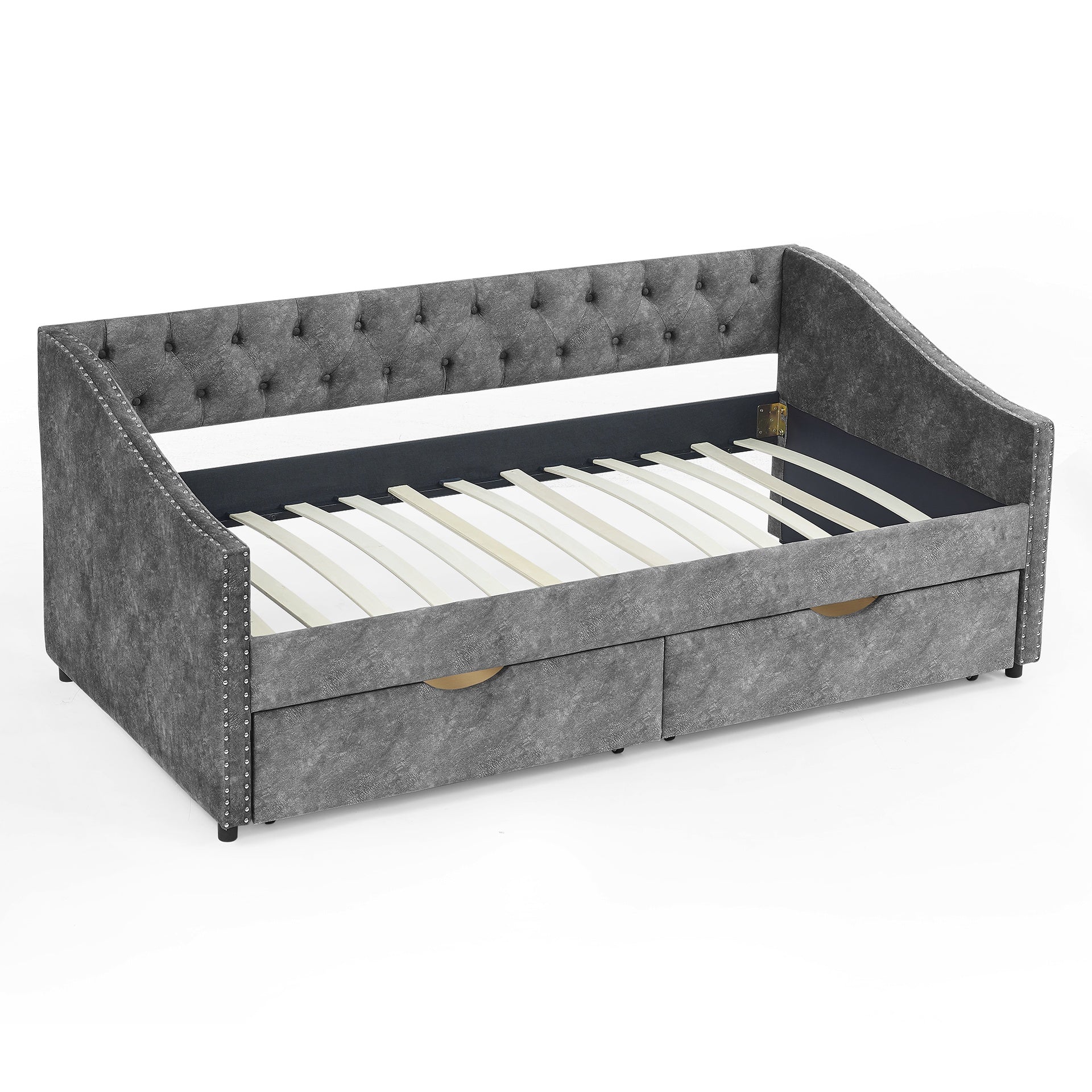 Twin Size Daybed with Drawers Upholstered Tufted Sofa Bed, with Button on Back and Copper Nail on Waved Shape Arms, Grey  (81.5''x4''x30.5'')