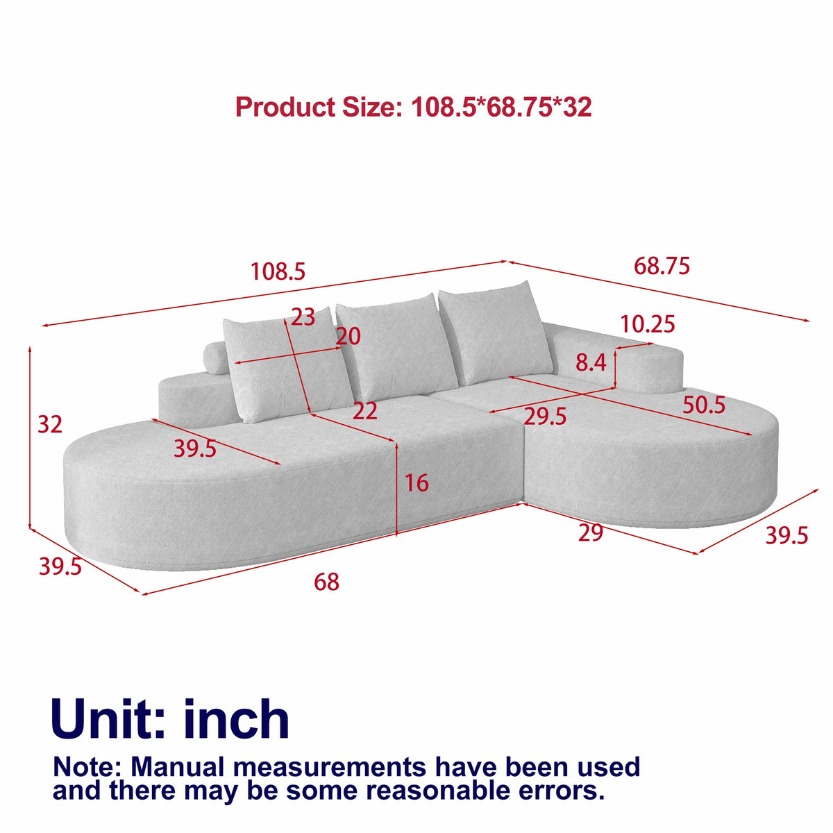 Modern Curved sofa ,Chenille Upholstered Sectional Sofa Couch Set,Modular 108.5" L Shaped Sectional Living Room Sofa Set With 3 Pillows,Free Combination Sofa Couch for Living Room,Bedroom