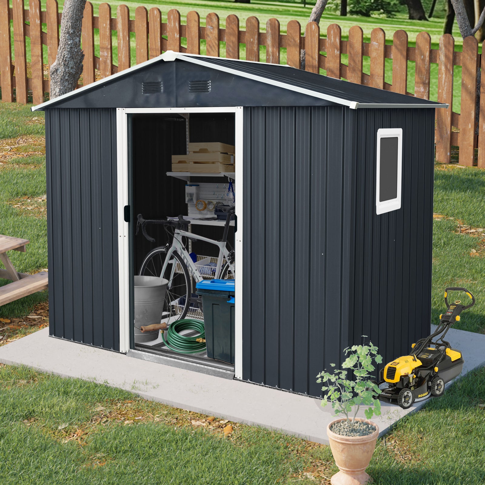 8ft x 4ft Outdoor Metal Storage Shed with Window and Metal Foundation for Backyard, Patio, Lawn (Black and White)