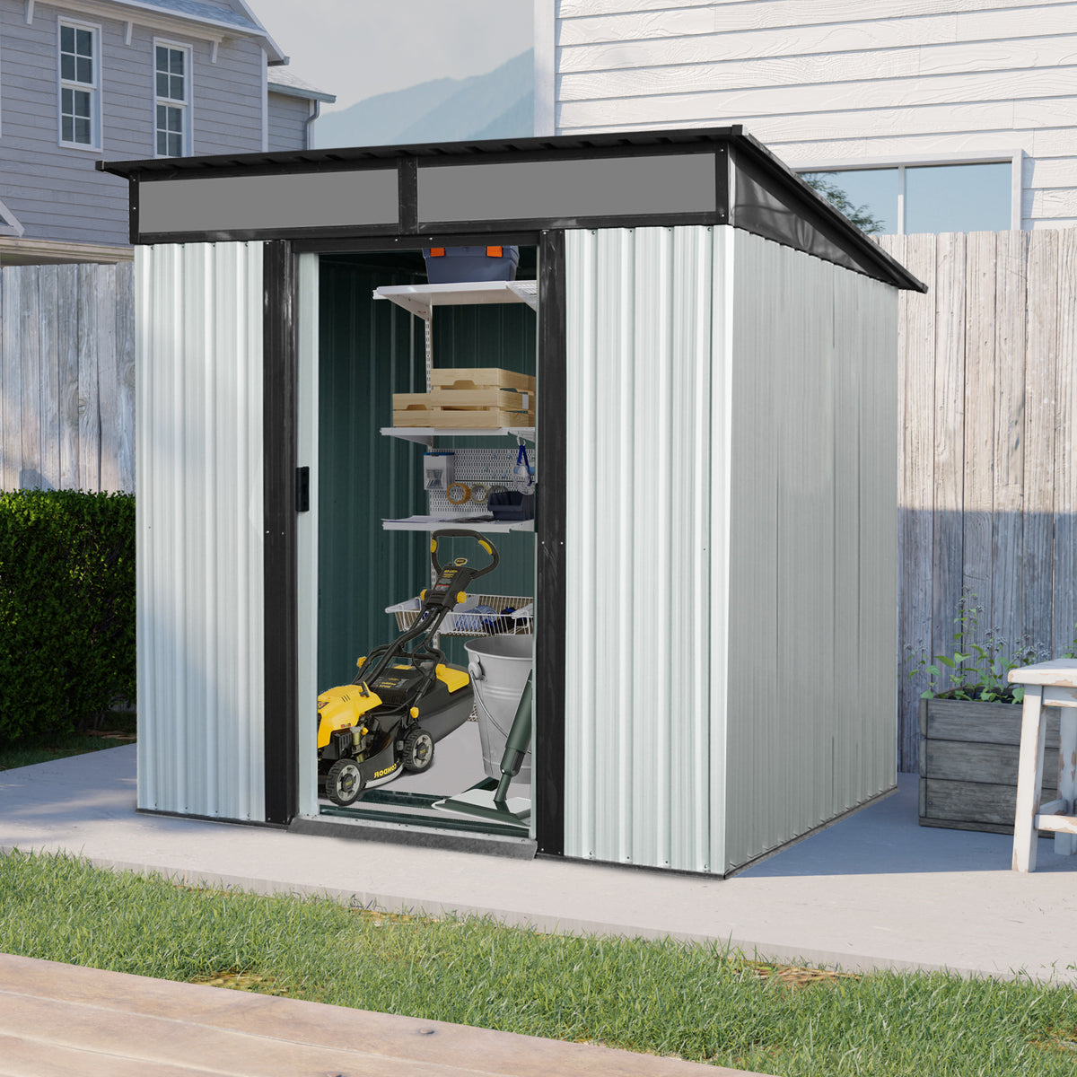 6ft x 5ft Outdoor Metal Storage Shed with Lockable Sliding Doors and Transparent plate for Garden, Lawn ( White and Black  )