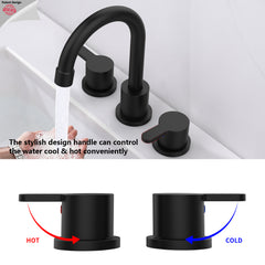 Widespread Bathroom Sink Faucet Matte Black 2 Handle 8 inch Lavatory Faucet 3 Hole 360° Swivel Spout Vanity Sink Basin Faucets with Pop Up Drain Assembly