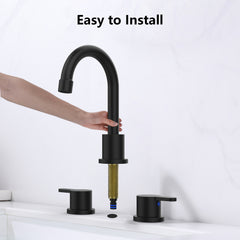 Widespread Bathroom Sink Faucet Matte Black 2 Handle 8 inch Lavatory Faucet 3 Hole 360° Swivel Spout Vanity Sink Basin Faucets with Pop Up Drain Assembly