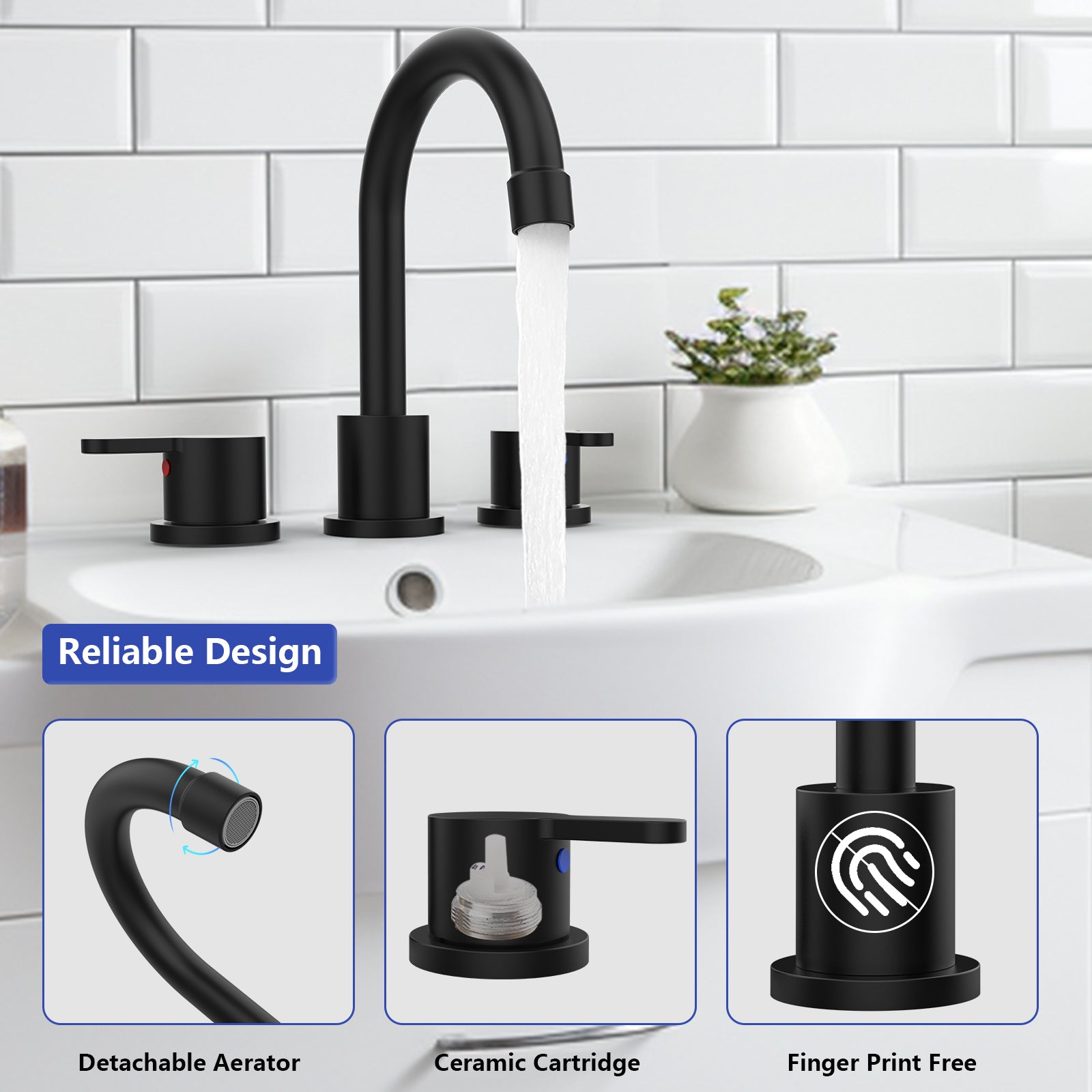 Widespread Bathroom Sink Faucet Matte Black 2 Handle 8 inch Lavatory Faucet 3 Hole 360° Swivel Spout Vanity Sink Basin Faucets with Pop Up Drain Assembly