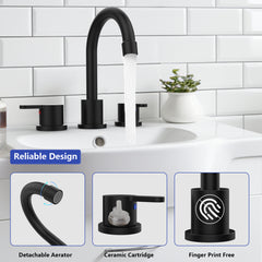 Widespread Bathroom Sink Faucet Matte Black 2 Handle 8 inch Lavatory Faucet 3 Hole 360° Swivel Spout Vanity Sink Basin Faucets with Pop Up Drain Assembly