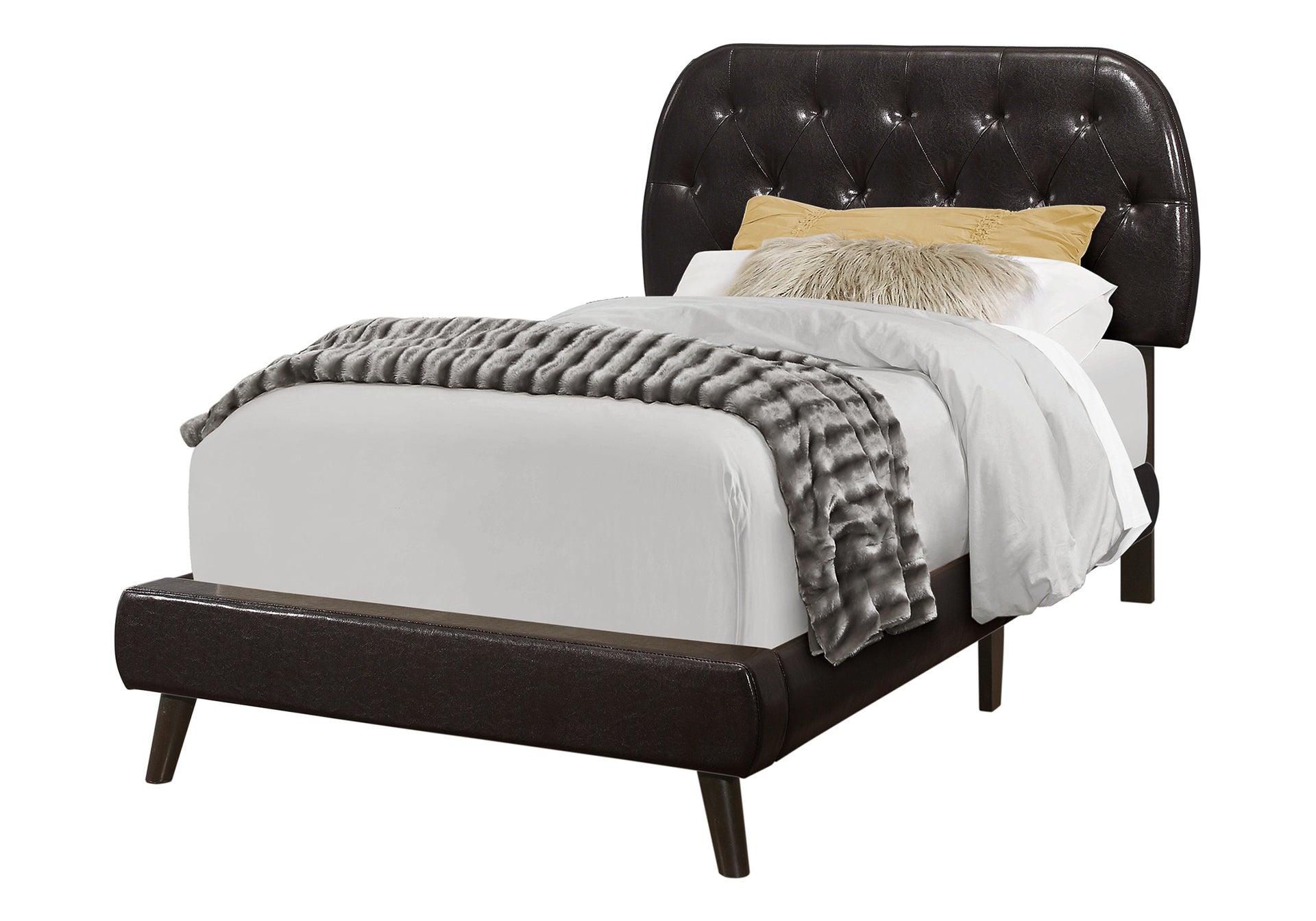 Bed, Twin Size, Teen, Upholstered, Brown Leather Look, Wood Legs, Transitional