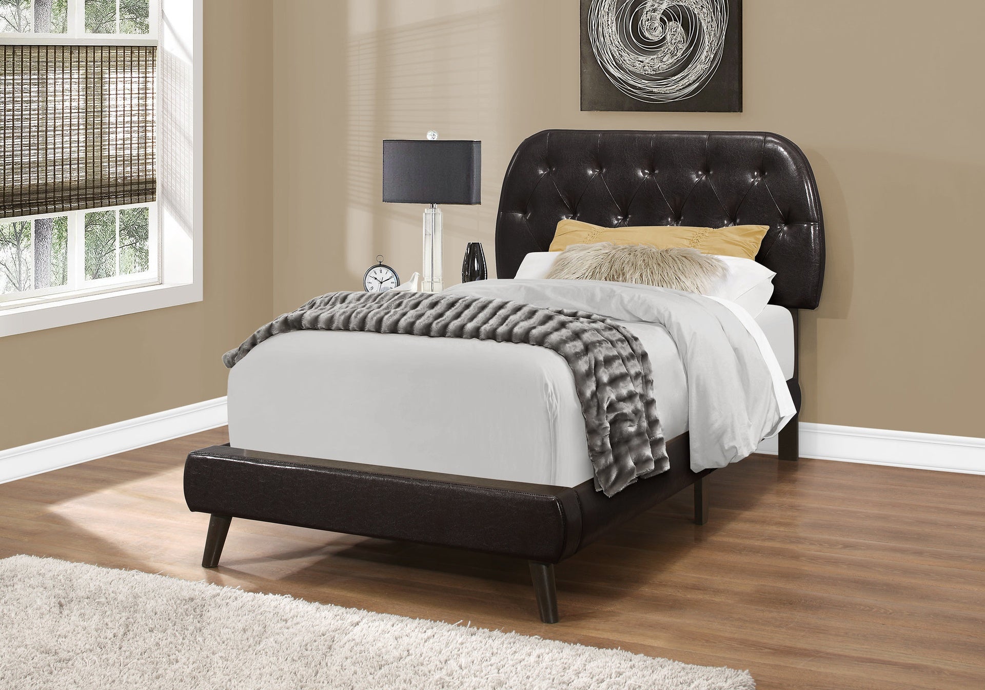 Bed, Twin Size, Teen, Upholstered, Brown Leather Look, Wood Legs, Transitional