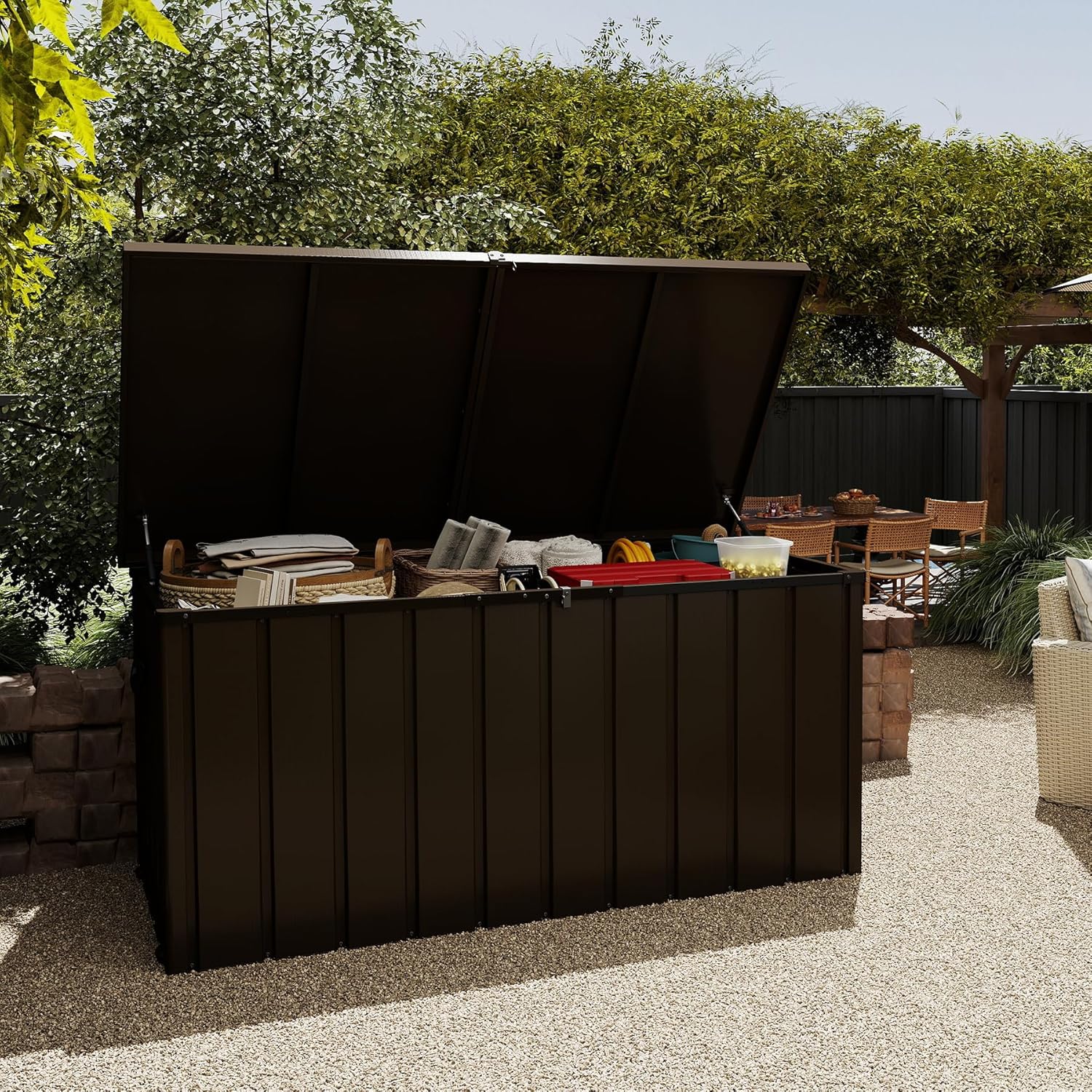 200 Gallon Metal Deck Box, Waterproof Outdoor Storage Box with Lockable Lid, Large Pool Storage Cabinet for Patio Furniture Garden Tools Pool-Supplies, Brown