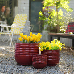 Handmade Glazed Ceramic Planter Set of 3, 15/11/8 Inch Diameter, Horizontal Groove Pattern, for Succulents & Flowering Plants Outdoor Garden & Indoor Staircase Bookshelf Use, Breathable Clay, Deep Red