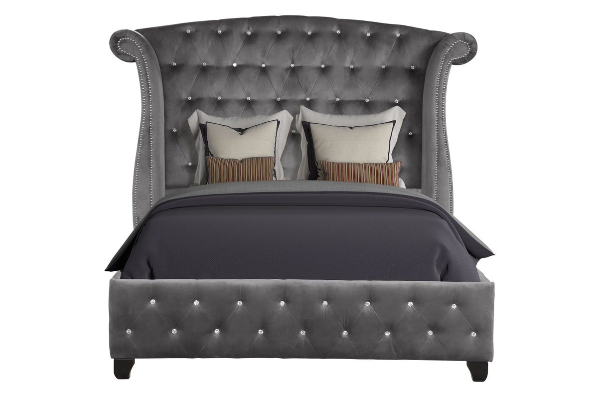 Sophia Modern Style Crystal Tufted King Velvet Fabric Bed Upholstery Made with Wood in Gray (NJ Inventory)