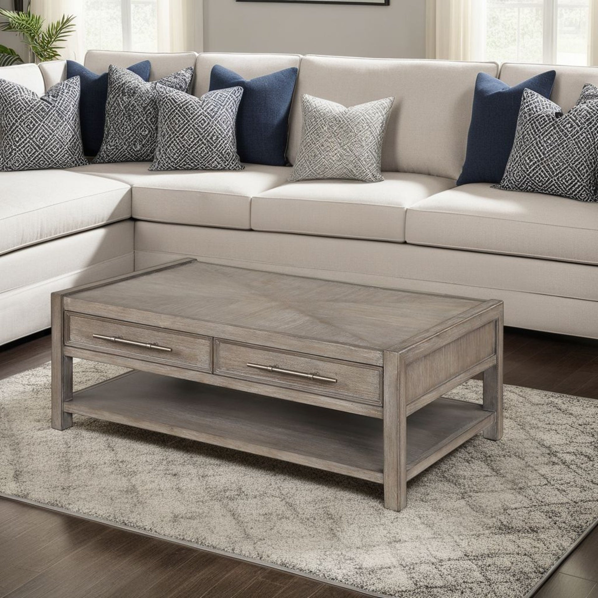 50 inch Coffee Table, No Assembly Required, White Oak Finish