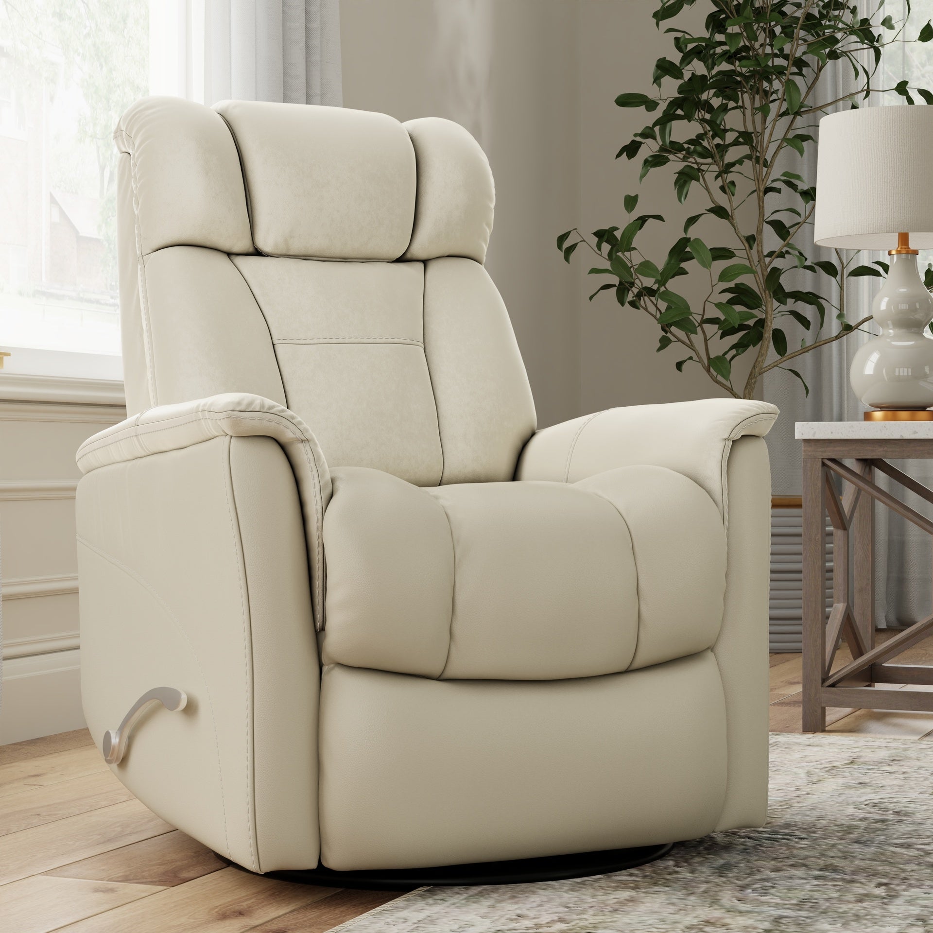 Global Home Swivel Glider Recliner with Manual Adjustable Headrest & Footrest In Faux Leather Bentley Oyster
