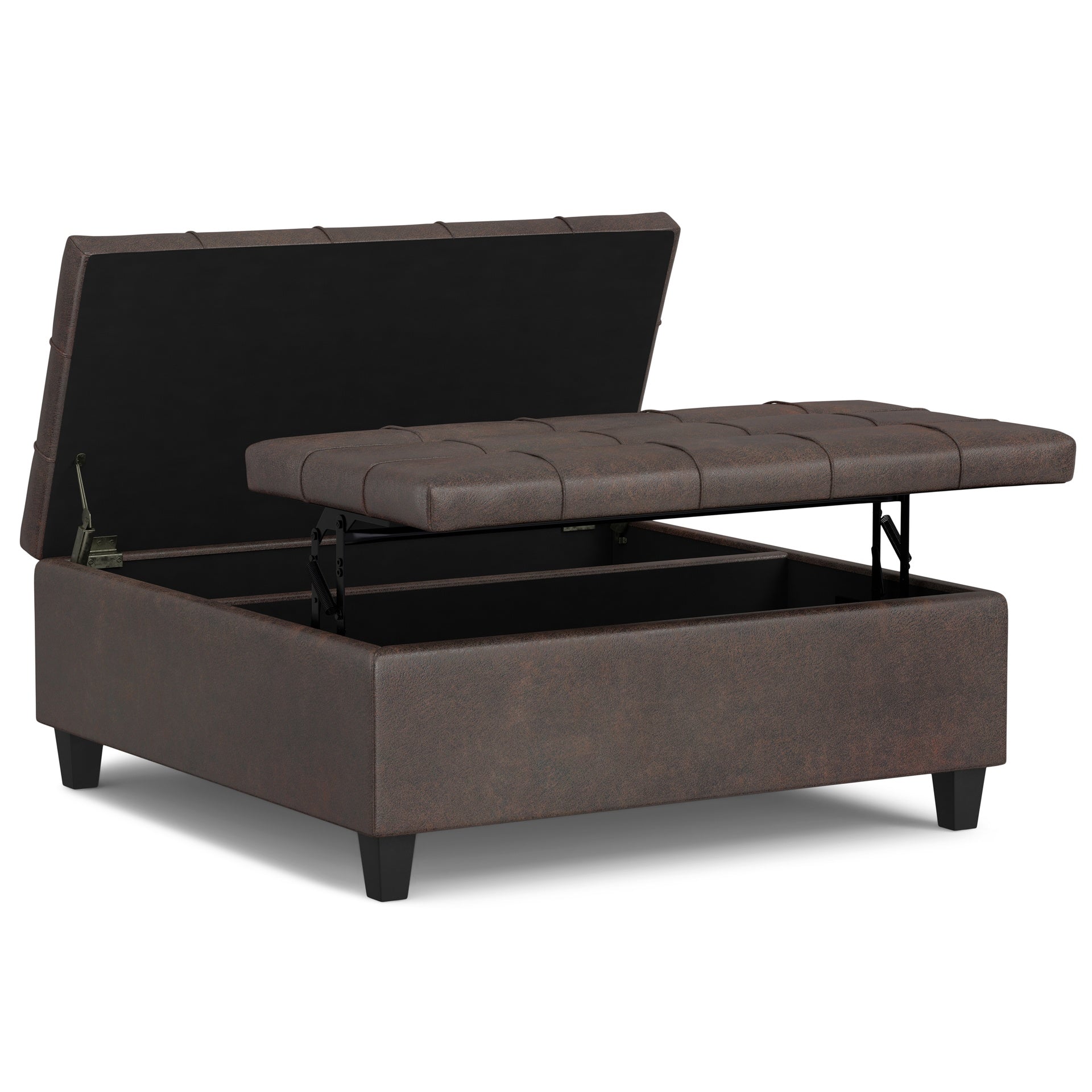 Harrison 40 inch Wide Large Square Coffee Table Storage Ottoman in Distressed Brown Vegan Leather
