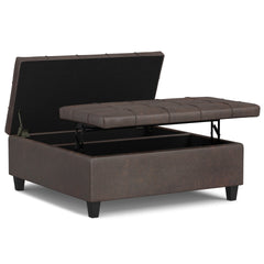 Harrison 40 inch Wide Large Square Coffee Table Storage Ottoman in Distressed Brown Vegan Leather
