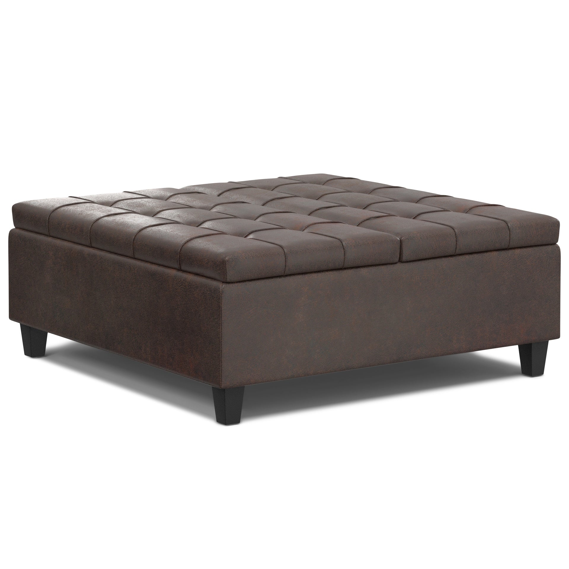 Harrison 40 inch Wide Large Square Coffee Table Storage Ottoman in Distressed Brown Vegan Leather
