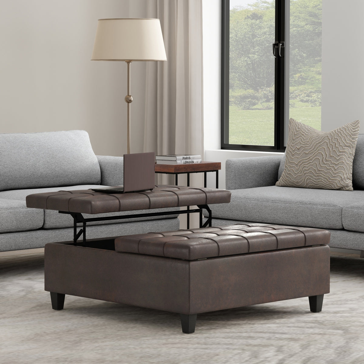 Harrison 40 inch Wide Large Square Coffee Table Storage Ottoman in Distressed Brown Vegan Leather