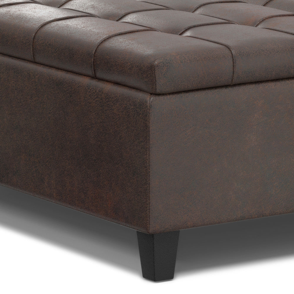 Harrison 40 inch Wide Large Square Coffee Table Storage Ottoman in Distressed Brown Vegan Leather