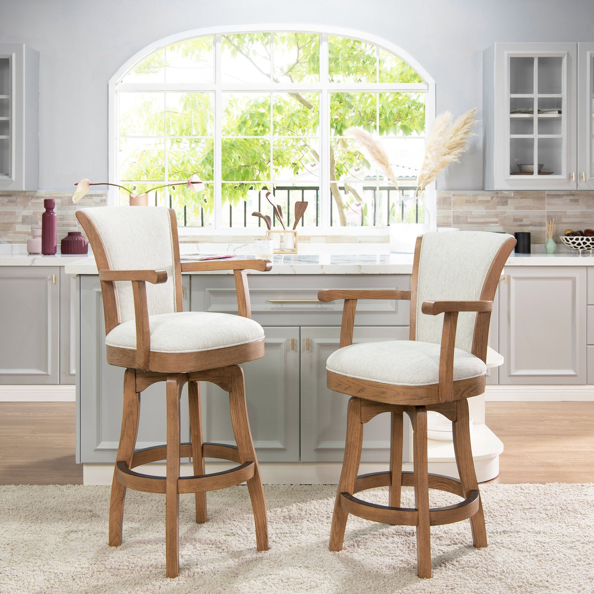 Williams 31" Swivel Bar Stool with Armrests, White Pepper Stain Resistant High Performance Polyester