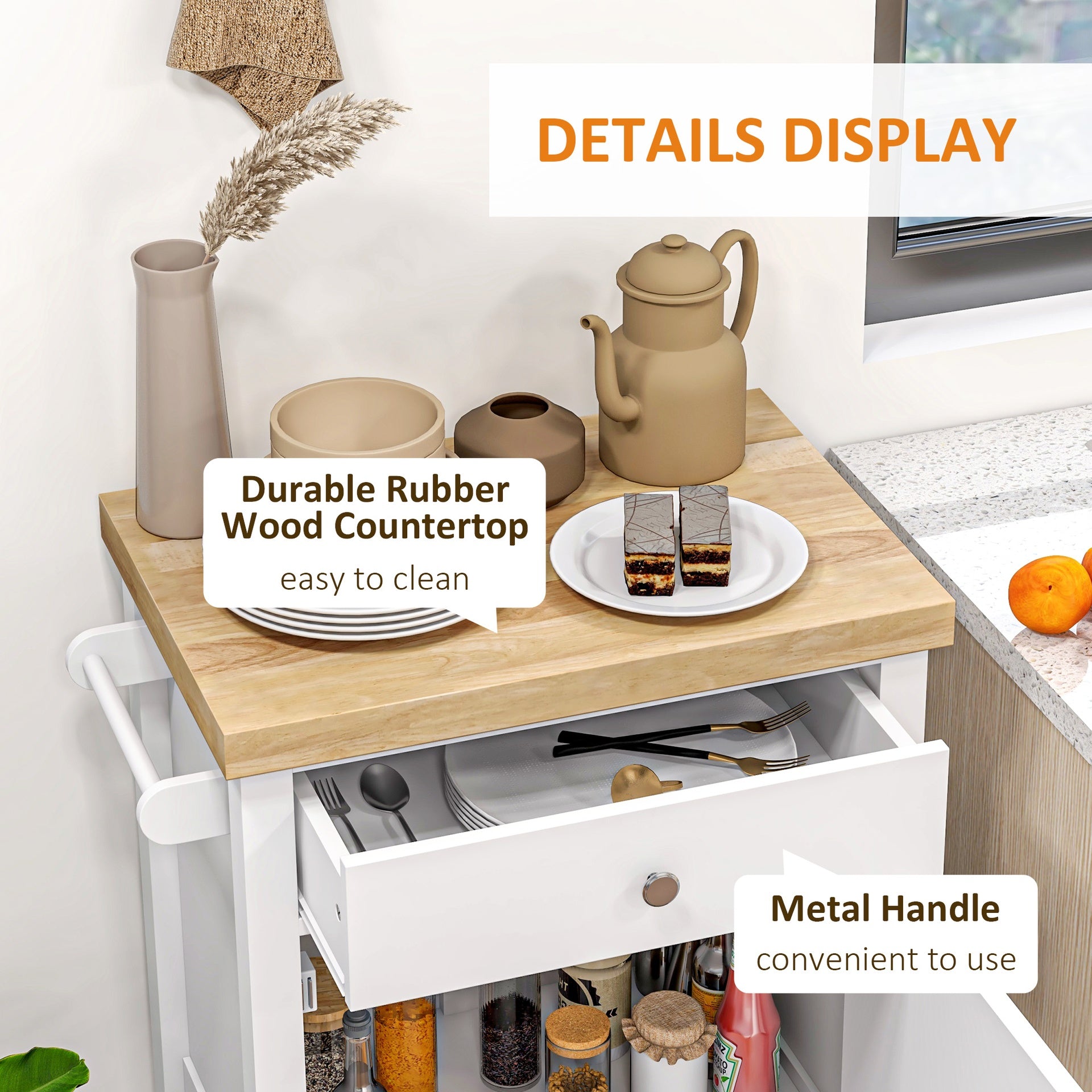 HOMCOM Utility Kitchen Cart, Rolling Kitchen Island with Smooth Rubberwood Top, Narrow Butcher Block Surface on Wheels with Storage Drawer & Cabinet, White
