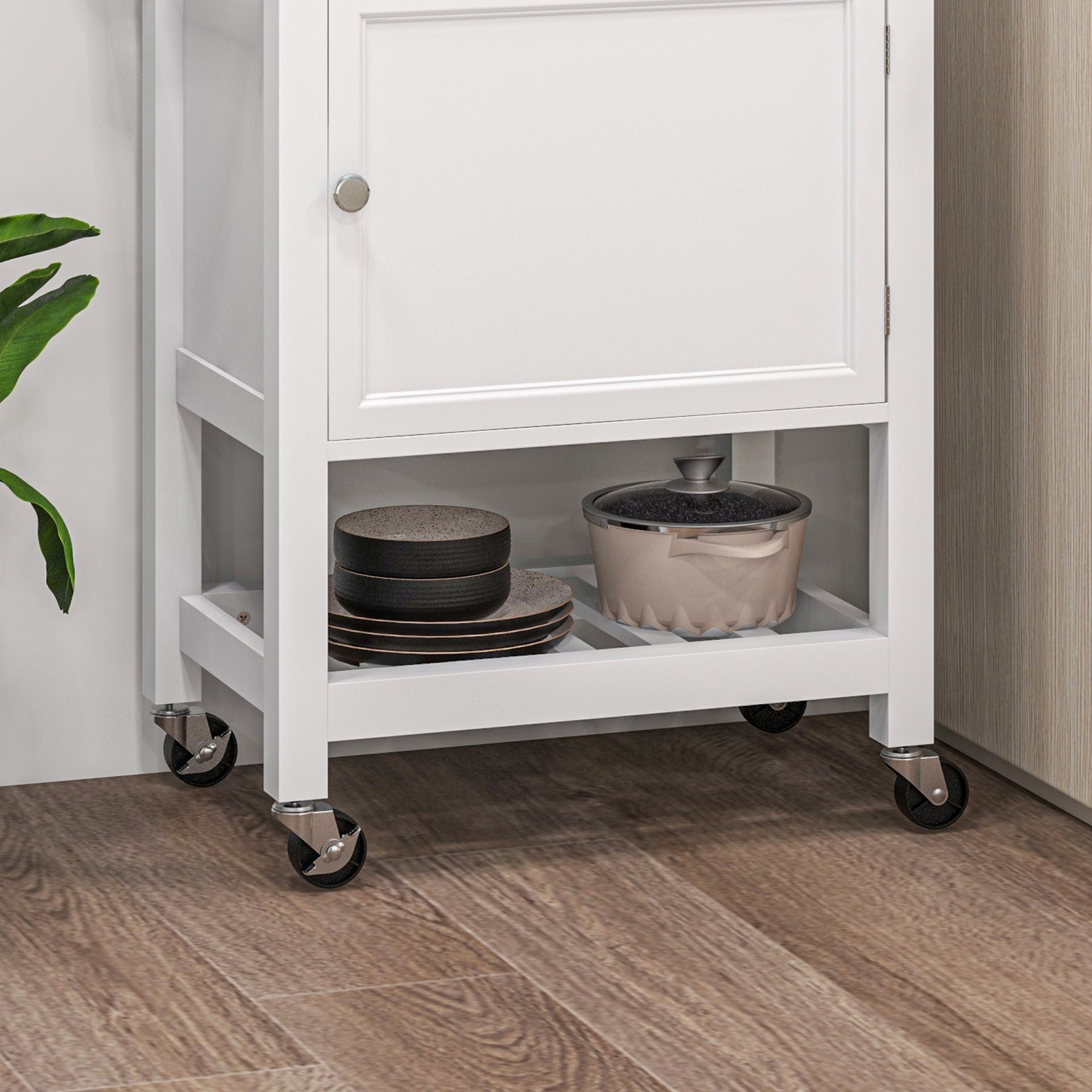 HOMCOM Utility Kitchen Cart, Rolling Kitchen Island with Smooth Rubberwood Top, Narrow Butcher Block Surface on Wheels with Storage Drawer & Cabinet, White