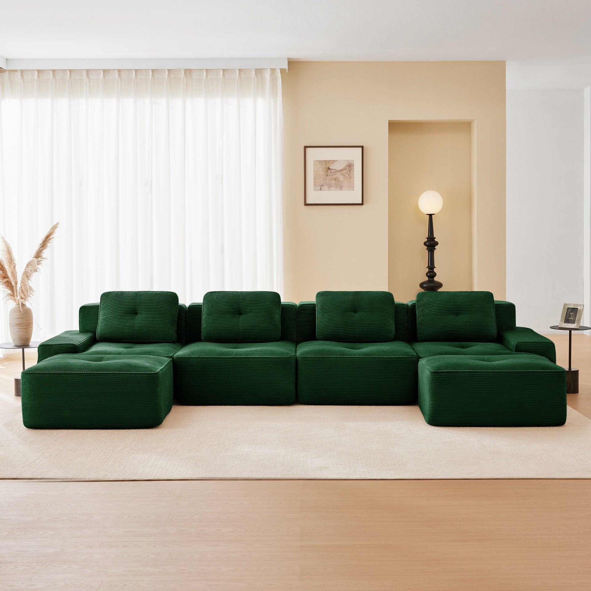 153" Modern U-Shaped Modular Sectional Sofa for Living Room, Corduroy Fabric,4-Seater Couch with Deep Seat and 2-Movable Ottoman,Pearl-like piping, Tufted Design, No Assembly, Anti-slip Design,Green
