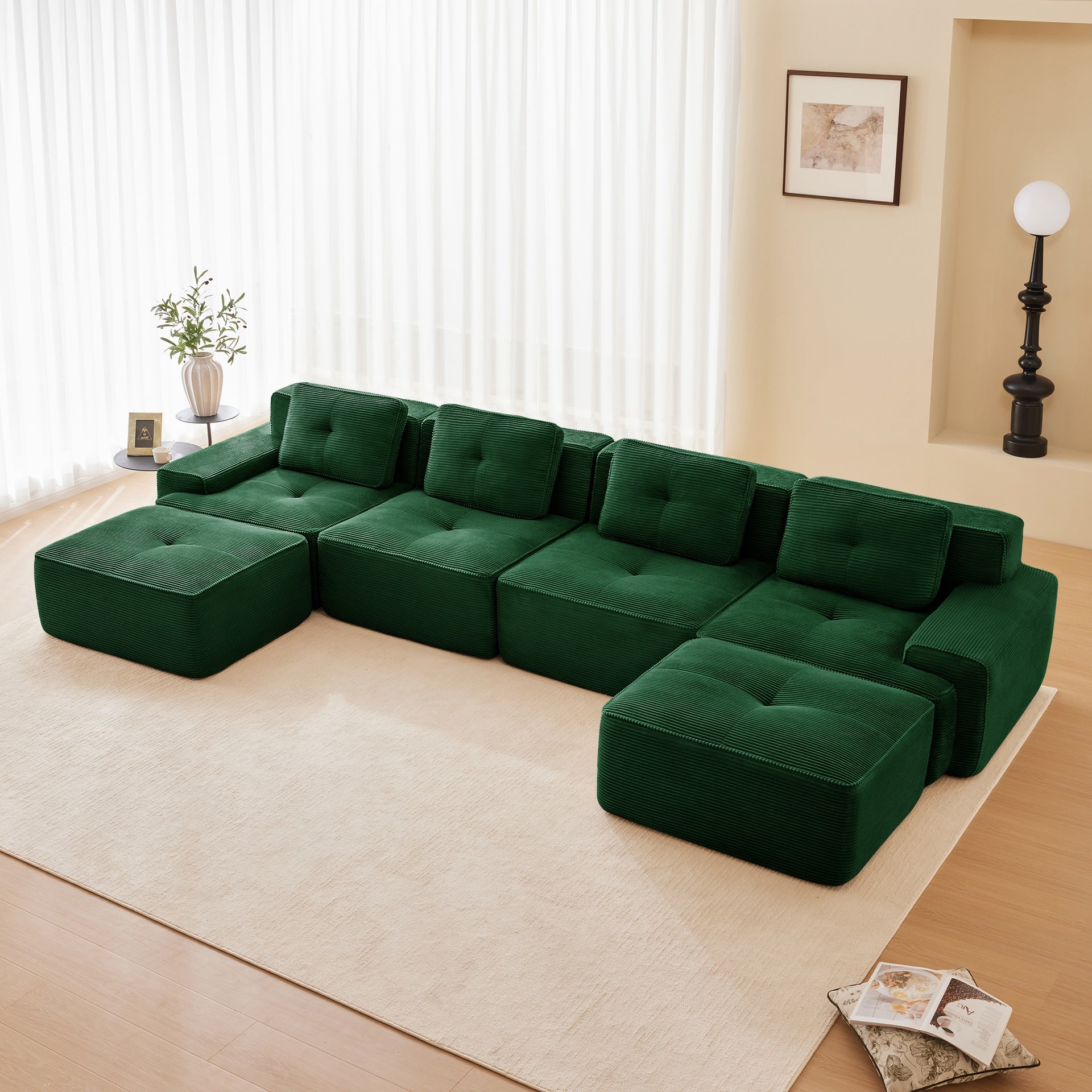 153" Modern U-Shaped Modular Sectional Sofa for Living Room, Corduroy Fabric,4-Seater Couch with Deep Seat and 2-Movable Ottoman,Pearl-like piping, Tufted Design, No Assembly, Anti-slip Design,Green