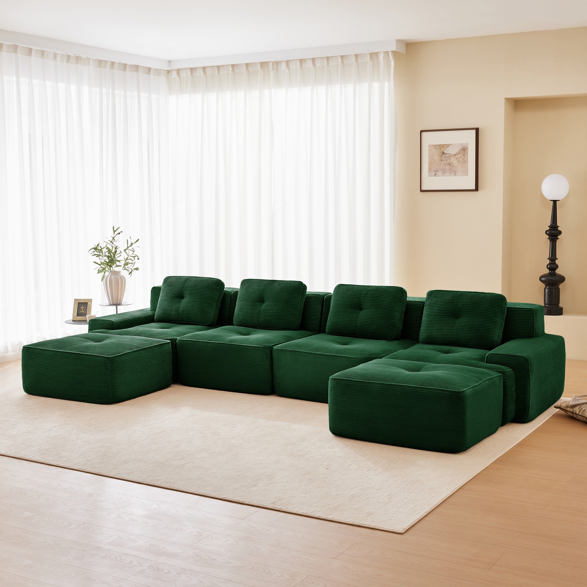 153" Modern U-Shaped Modular Sectional Sofa for Living Room, Corduroy Fabric,4-Seater Couch with Deep Seat and 2-Movable Ottoman,Pearl-like piping, Tufted Design, No Assembly, Anti-slip Design,Green
