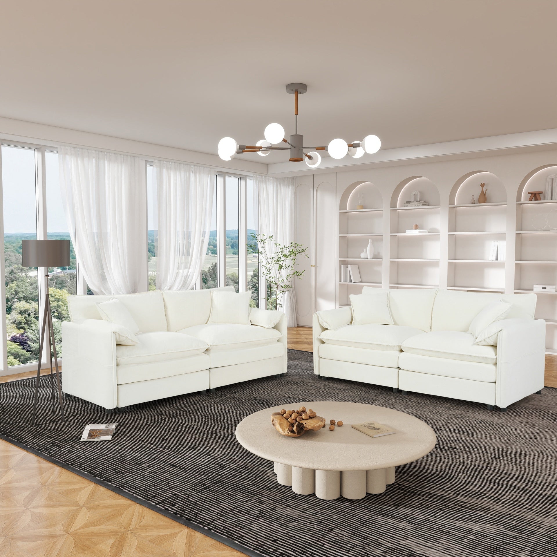 Oversized Deep Seat Luxury 2 Piece Sofa Set, 2 Pieces of Loveseat Sofa, Modern Chenille Comfy Cloud Couches Set for Living Room Office with 4 Pillows,DIY Combination,Beige
