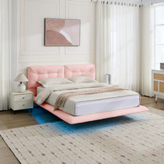 Queen Size Upholstered Floating Bed Frame with LED Lights, Pu Leather Platform Bed with Button-Tufted Headboard, Easy Assembly, No Box Spring Needed, Pink